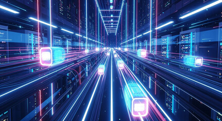 Fototapeta premium Immersive digital data stream with glowing neon lines and futuristic server racks creating a dynamic cyberspace highway for innovation and connectivity.
