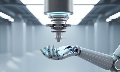 Futuristic robotic arm reaching for advanced mechanical component in high-tech environment, ideal for illustrating automation, engineering innovation, and industrial robotics