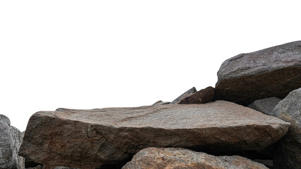 Rock stone mountain podium stand display product background, Cliff edge brown big shape isolated decoration design material empty floor presentation, Clipping path