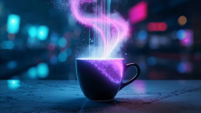 Futuristic cyberpunk coffee cup with glowing data stream