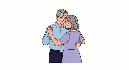 Obraz premium Illustration of an elderly man and woman dancing together in a tender embrace with pastel colors on a white background.