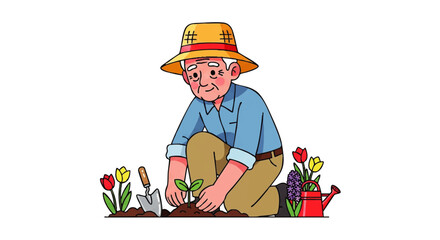 Elderly man gardening with a straw hat