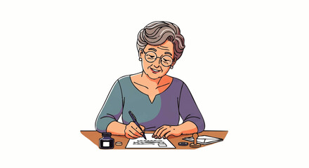Illustration of a senior woman writing on a piece of paper at a desk with a pen and glasses on a white background.