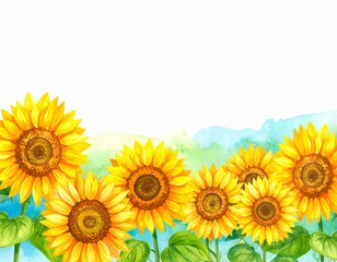 Fototapeta premium Generated image 鮮やかな黄色のひまわりを描いた夏らしい水彩イラストの背景素材