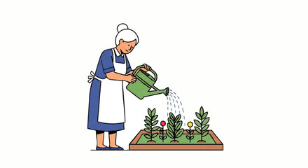 An elderly woman in a blue dress and white apron waters plants in a garden bed with a green watering can, conveying a serene and nurturing mood.