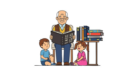 An elderly man reads a book to a young boy and girl sitting beside him with a stack of books on a table.