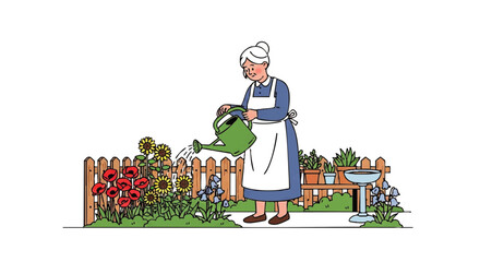 An elderly woman wearing a blue dress and white apron waters flowers in a garden with a wooden fence and bench.