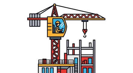 Construction Crane Operator Working on Building Site with Steel Structure