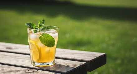 Sip refreshing iced tea with lemon and mint on a warm summer day, enjoying nature's tranquility and a cool, revitalizing drink outdoors.