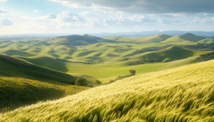 Obraz premium Breathtaking Scenic Rolling Hills Landscape Under Sunlight with Lush Green Pastures and Farms