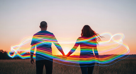Embrace vibrant connection as a couple walks hand-in-hand through a golden sunset, bathed in flowing rainbow light trails symbolizing hope and unity.