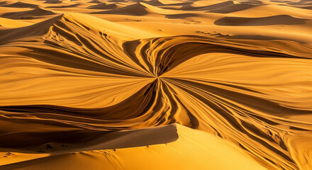 Stunning abstract golden desert sand dunes sculpted by wind creating mesmerizing natural patterns under warm sunlight