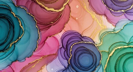 Abstract art with swirling, colorful, and detailed patterns.  Gold accents and fluid forms create a mesmerizing effect