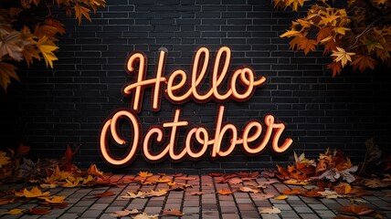 Warm orange neon sign glows hello october against a dark brick wall surrounded by fallen autumn leaves and rustic wooden planks