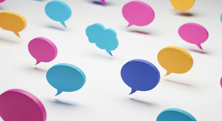 Vibrant, colorful speech bubbles float on a clean white background, perfect for expressing ideas and communication concepts.