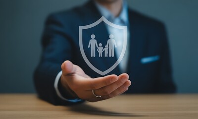 Businessman holding shield icon with family silhouette, ideal for illustrating family insurance, protection services, and personal safety concepts in marketing campaigns