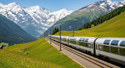 Modern passenger train journeys through a vibrant alpine valley with snow-capped mountains under a clear blue sky
