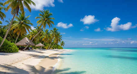 Escape to paradise with stunning turquoise waters, pristine white sand beaches, and lush palm trees creating an idyllic tropical getaway.