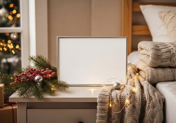 Festive frame mockup on bedside table with Christmas decor