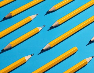 Yellow pencils arranged diagonally on a blue surface