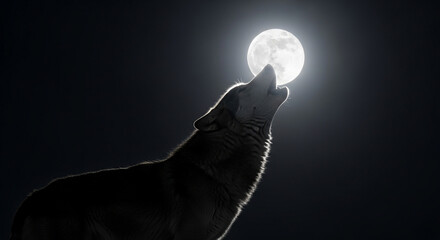 Majestic wolf howls at a brilliant full moon, its silhouette dramatically outlined against the dark night sky, evoking primal power and wild mystery.