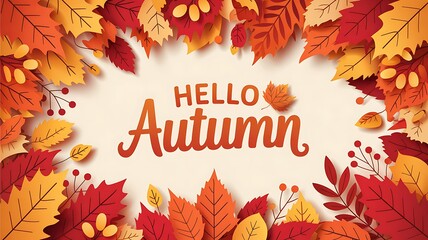 Warm and inviting hello autumn message surrounded by a vibrant frame of colorful falling leaves in red orange and yellow hues