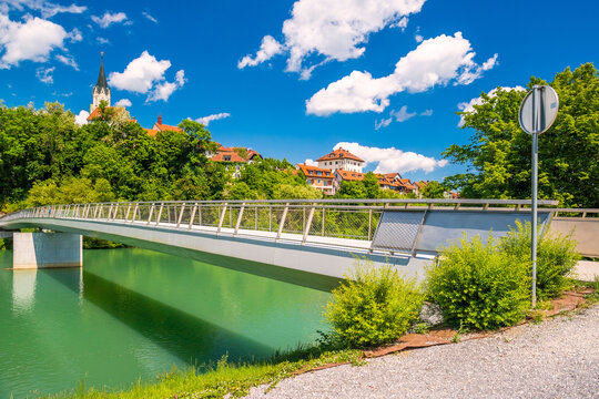 View of the Julijina brv bridge across the Krka river in the city of Novo Mesto, Slovenia