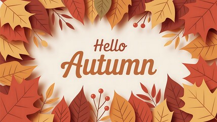 Hello autumn text surrounded by a vibrant colorful array of falling autumn leaves in warm seasonal colors
