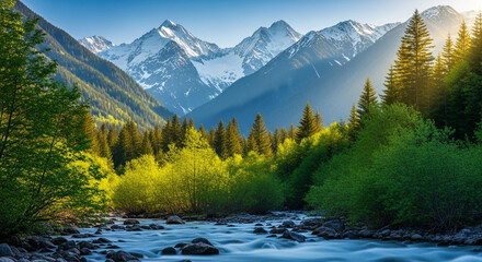 Stunning mountain range bathed in golden sunlight with a clear blue sky above a vibrant green forest and a flowing river