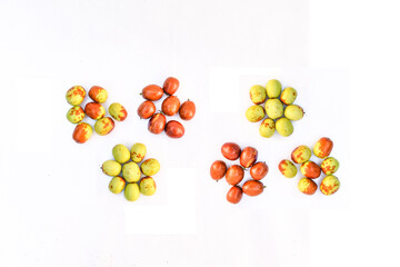 Green jujube fruits on white background, Branch of green jujube fruits growing with green leaves, Chinese date fruits. Small green jujube fruits. Chinese date.