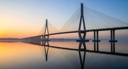 Majestic cable-stayed bridge gracefully spans calm waters reflecting a vibrant sunrise, symbolizing connection and modern engineering marvels.