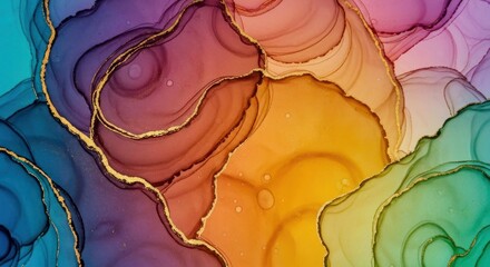 Abstract art with swirling, layered, colorful shapes outlined with gold