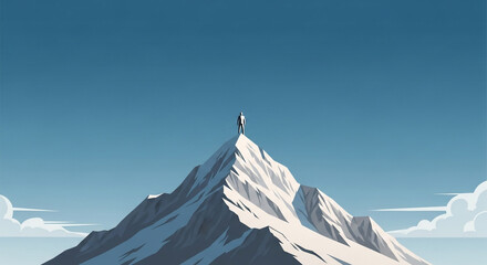Ambitious businessman stands triumphantly atop a snow-capped mountain peak, symbolizing ultimate achievement and business success.