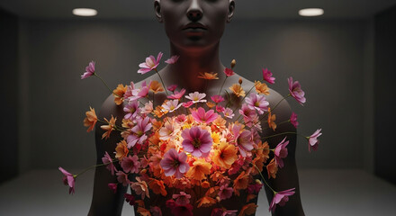 Stunning abstract depiction of a radiant human form blossoming with vibrant, colorful flowers symbolizing growth, renewal, and natural beauty