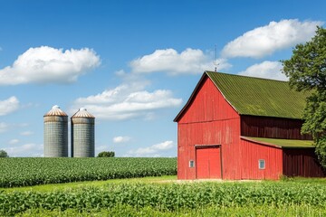 Red barn and silos on a sunny day.