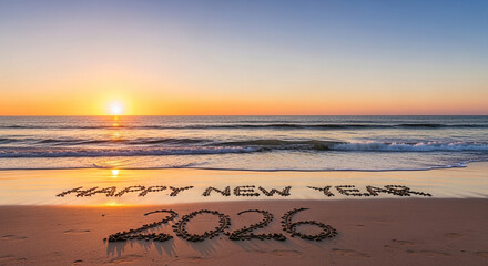 Wishing you a radiant and hopeful 2026 as 'Happy New Year' is beautifully etched into the golden sand with the sun setting over the serene ocean waves.