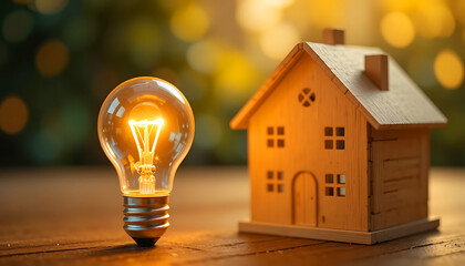 Glowing light bulb beside wooden house model, home energy bright ideas concept