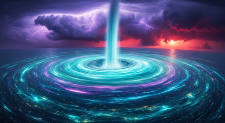 Stunning cosmic vortex engulfs ocean under dramatic lightning storm with vibrant sunset painting the horizon