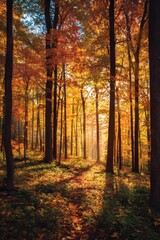 Fototapeta premium autumn forest in full color and bathed in golden light