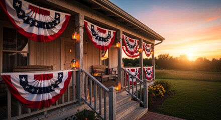 Warm sunset illuminates a charming porch adorned with patriotic bunting and vintage lanterns, evoking cozy holiday celebrations