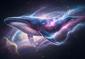Majestic cosmic whale soaring through a vibrant galaxy