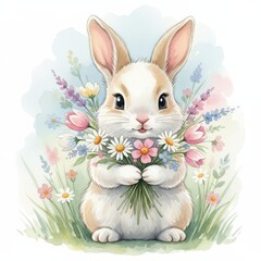 Obraz premium adorable bunny holding flowers in a vibrant garden, cute animal illustration, springtime art, watercolor style, cheerful and colorful design - AI Generated Digital Art