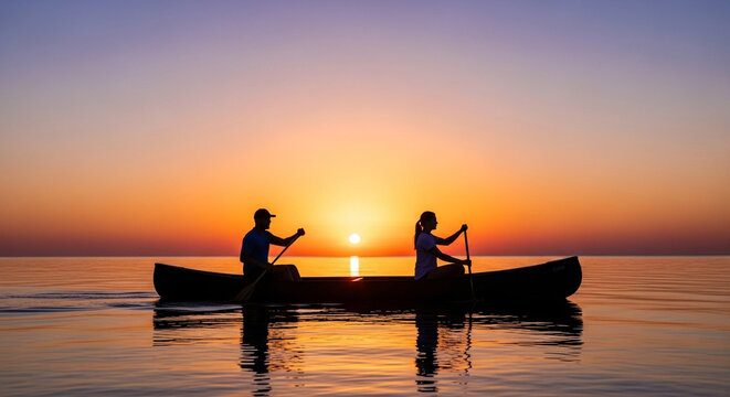 Couple enjoys peaceful canoe ride on calm water during vibrant sunset, creating unforgettable memories and serene moments.