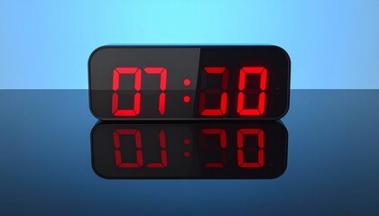 Digital clock at 00:00 on reflective surface with blue gradient background.