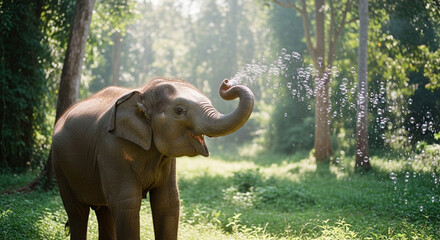 Playful baby elephant joyfully sprays water and bubbles in a sunlit lush forest, capturing pure wild wonder and innocence.