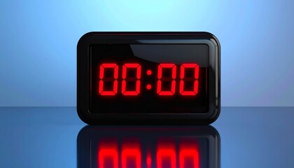 Digital clock at 00:00 on reflective surface with blue gradient background.