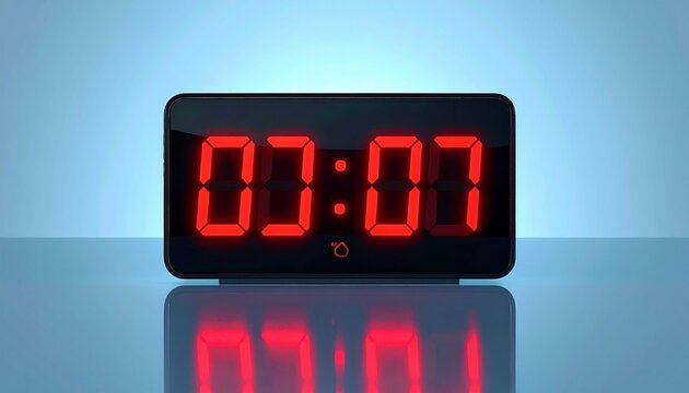 Digital clock at 00:00 on reflective surface with blue gradient background.