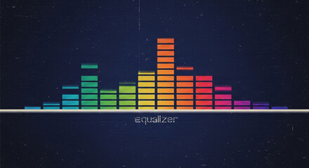 Vibrant equalizer bars pulse with rainbow colors, creating a dynamic audio spectrum visualization with a retro, analog feel