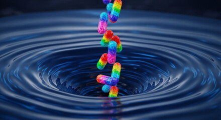 Vibrant rainbow pills cascade into a deep blue whirlpool, symbolizing hope, treatment, or a powerful solution entering a complex situation.