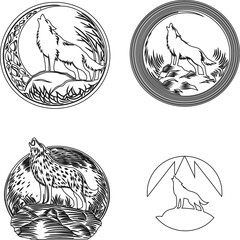 Howling wolf vector icon set in outline, flat, and silhouette styles, perfect for wildlife branding, outdoor gear, and tribal tattoo designs.